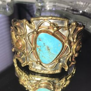 Big Turquoise 1970s Wide Silver Cuff Bracelet